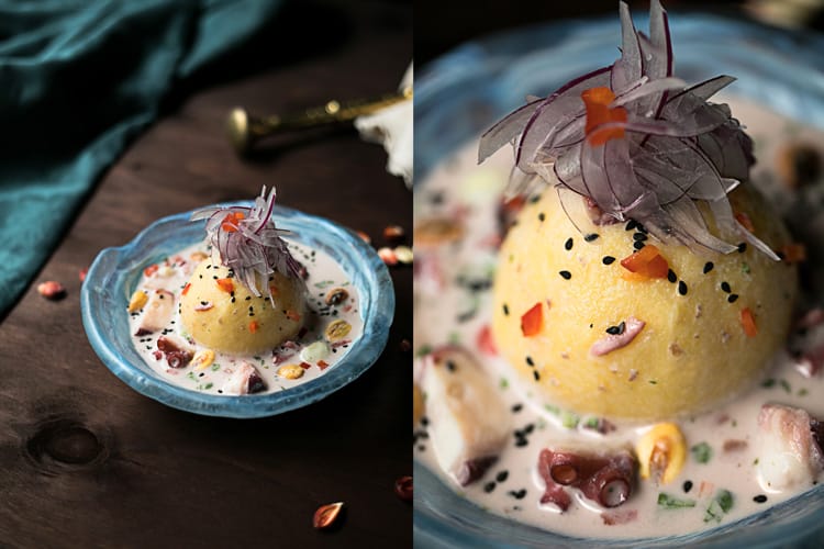 Platos de causa peruana de pulpo al olivo con papa amarilla, choclo y canchita.