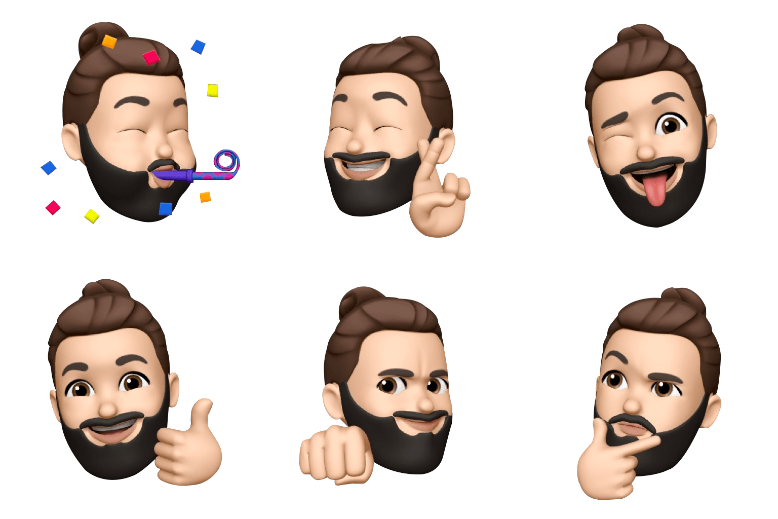 Collage de seis bitmojis de hombre con gorro de lana morado, barba negra y piercing septum.