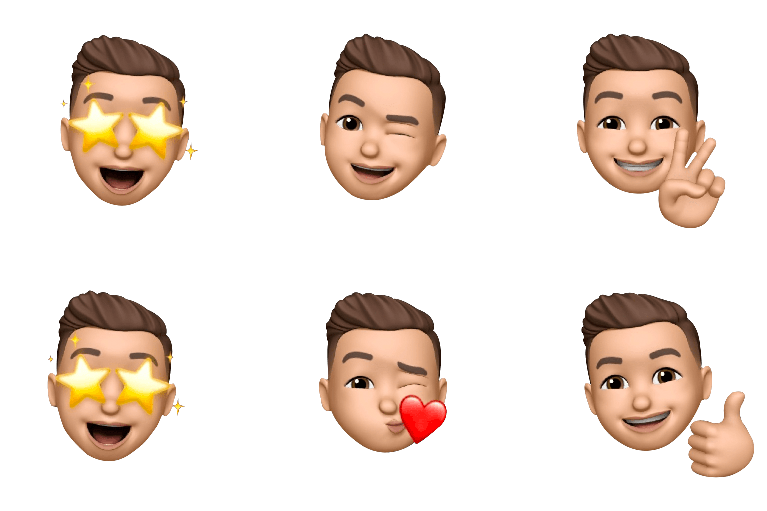 Collage de seis bitmojis de hombre con pelo corto y barba negra.
