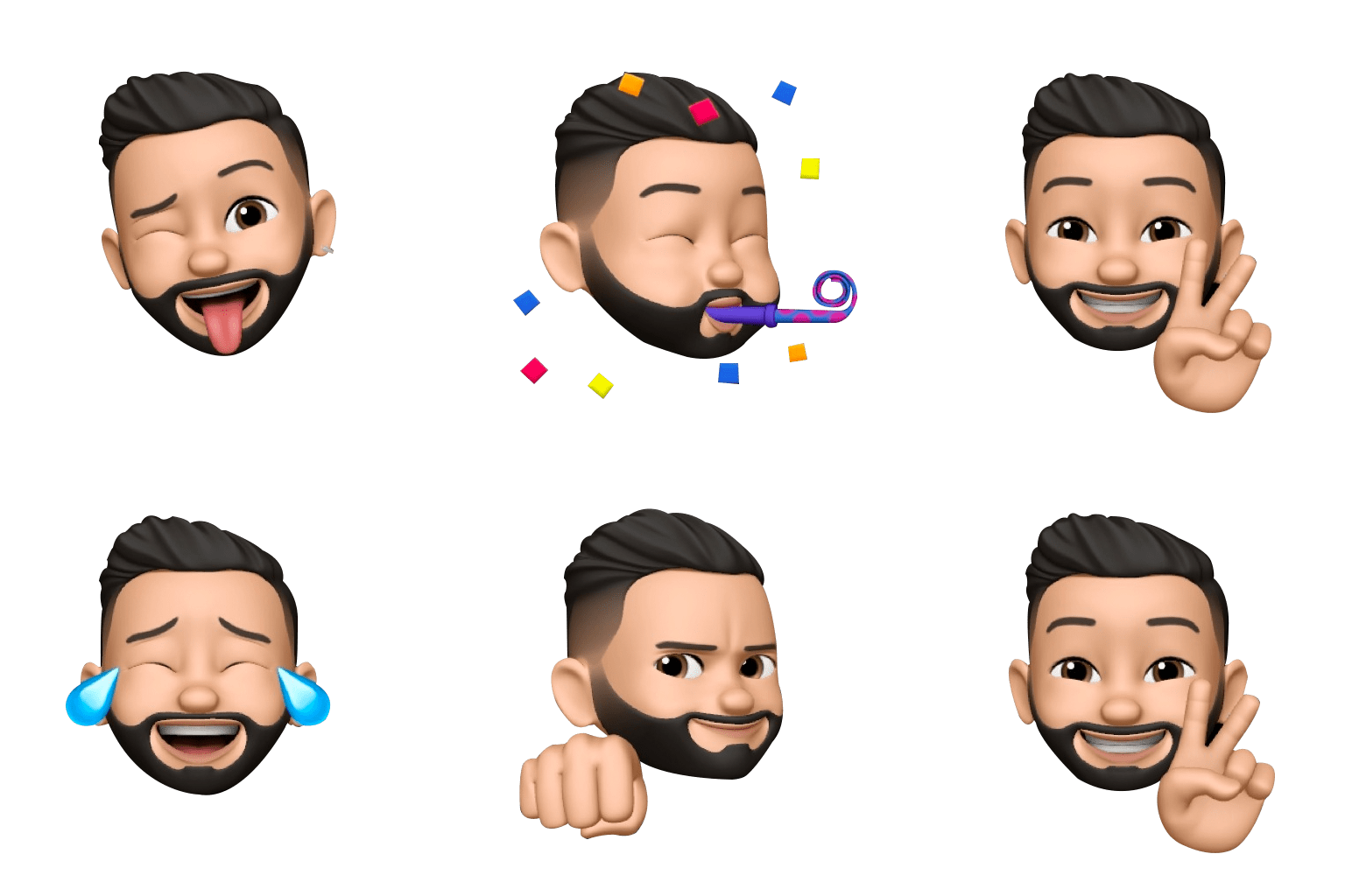 Collage de seis bitmojis de hombre con pelo corto castaño.